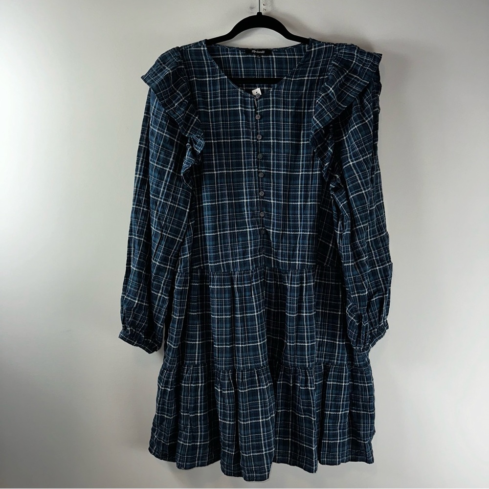 Madewell Anaya Blue Plaid Ruffle Blue Plaid Mini Dress Women Size XL - Picture 2 of 11